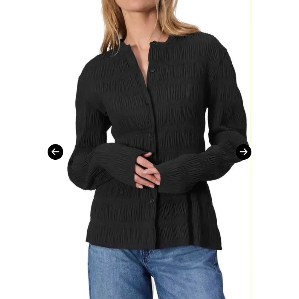 Rag & Bone Black Plisse Crinkle Button Down Band Collar Top Blouse Large - Picture 2 of 14